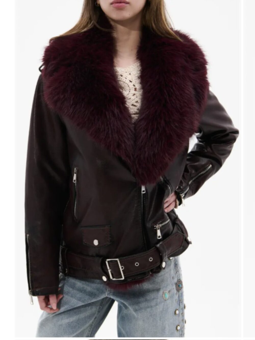 Women's Faux Fur Collar Leather Moto Jacket - Plum